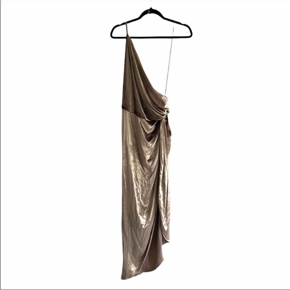 MICHELLE MASON Silk Velvet Asymmetrical One-Shoulder Midi Dress Gold 6 - Picture 14 of 16
